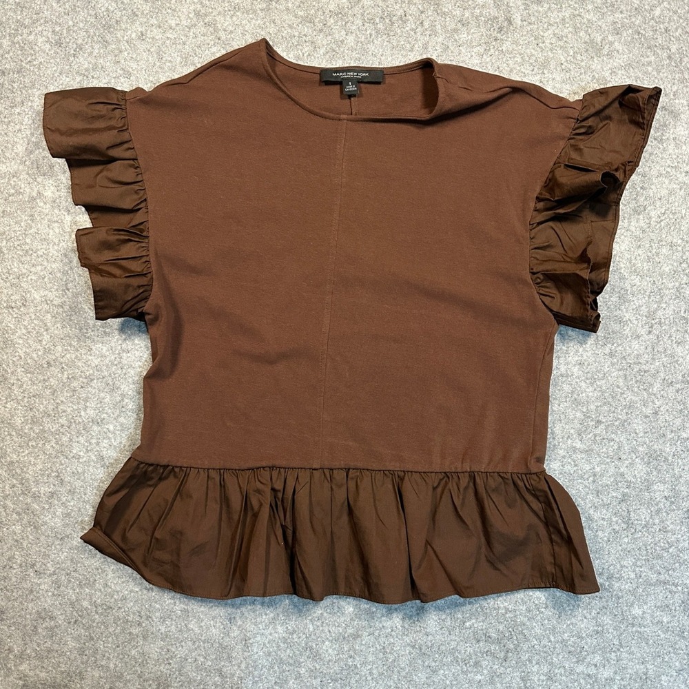 Marc New York Andrew Marc Ruffle Sleeve Top Small Brown Peplum Hem